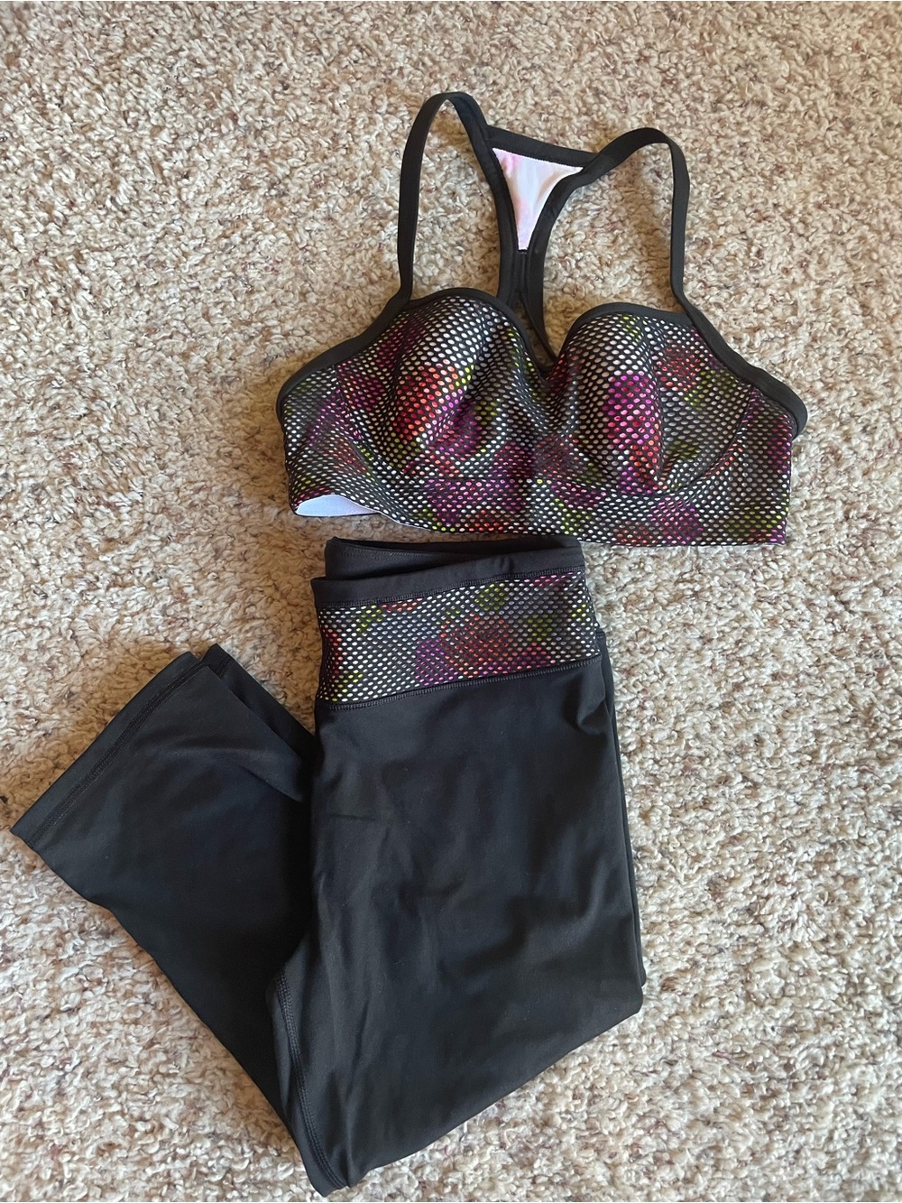 VICTORIA’S SECRET Black Mesh Sports Bra and Leggings with Pink Floral Underlay